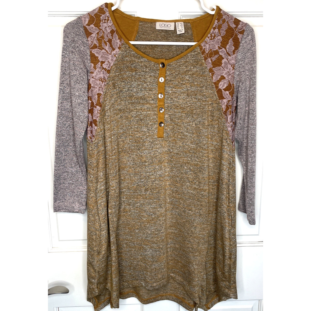 LOGO Lori Goldstein Women's Lace Asymmetric Hem Tunic Top Sz XXS Colorblock Boho